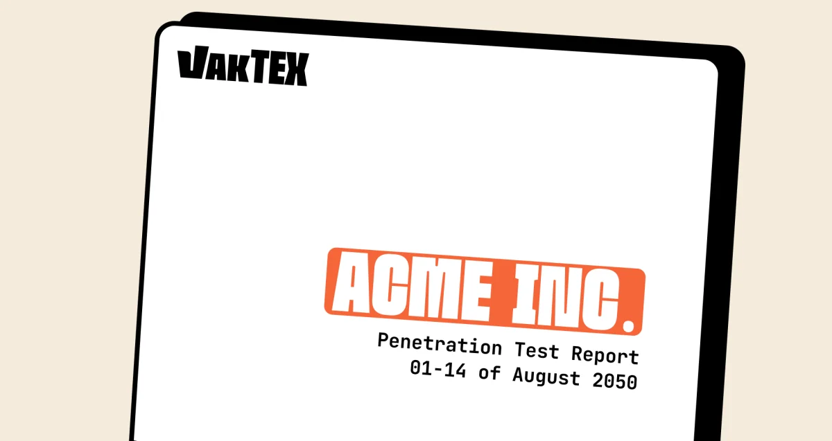 The cover of a Vaktex penetration test report, headed with the Vaktex wordmark and titled “Penetration Test Report, 01–14 of August 2050”.