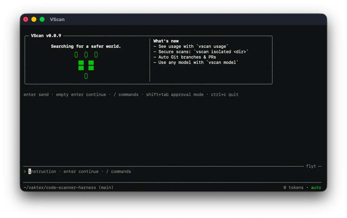 The VScan terminal running inside the code-scanner harness, its results panel filling as the run progresses.